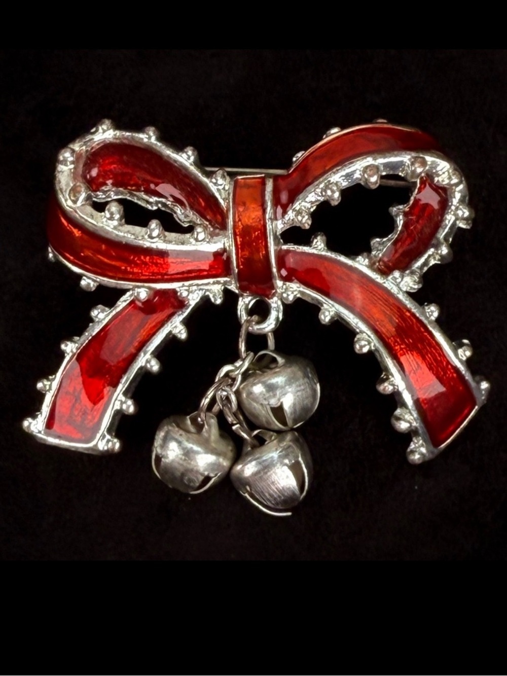 Vintage Red Bow Holiday Brooch with Silvertone Bell Accents